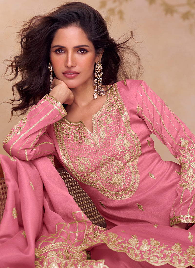 Shimmer Silk Pink Party Wear Sequin Embroidery Work Readymade Ethnic Plazzo Suit 387229