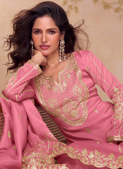 Shimmer Silk Pink Party Wear Sequin Embroidery Work Readymade Ethnic Plazzo Suit 387229