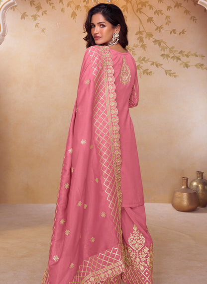 Shimmer Silk Pink Party Wear Sequin Embroidery Work Readymade Ethnic Plazzo Suit 387229