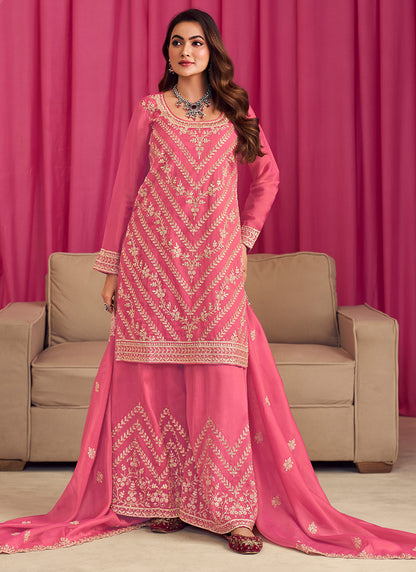 Shimmer Silk Pink Wedding Wear Embroidery Work Readymade Plazzo Suit 385333
