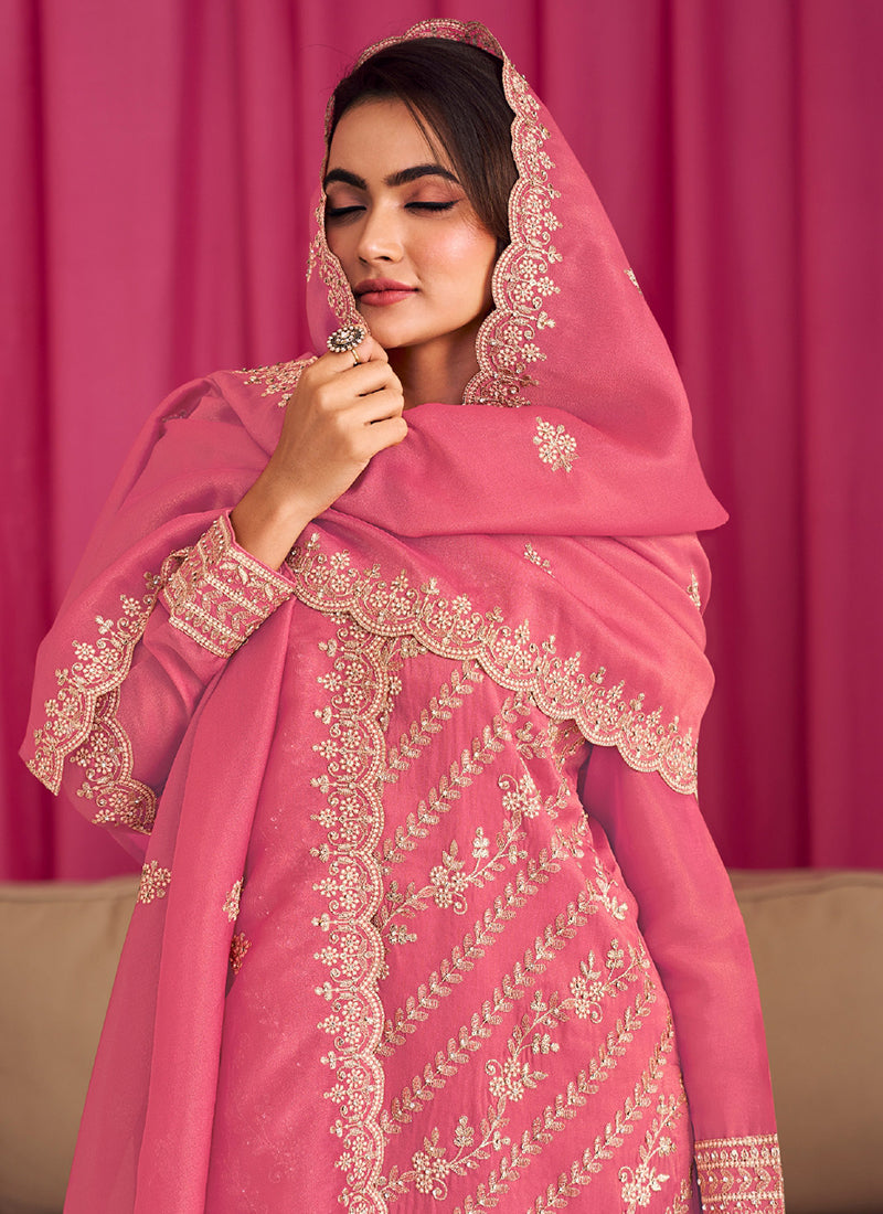 Shimmer Silk Pink Wedding Wear Embroidery Work Readymade Plazzo Suit 385333