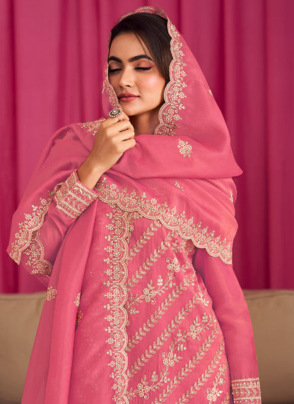 Shimmer Silk Pink Wedding Wear Embroidery Work Readymade Plazzo Suit 385333