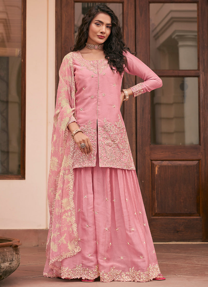 Pink Silk Embroidery Work Occasional Wear Readymade Plazzo Suit SW709694
