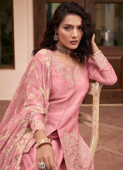 Pink Silk Embroidery Work Occasional Wear Readymade Plazzo Suit SW709694