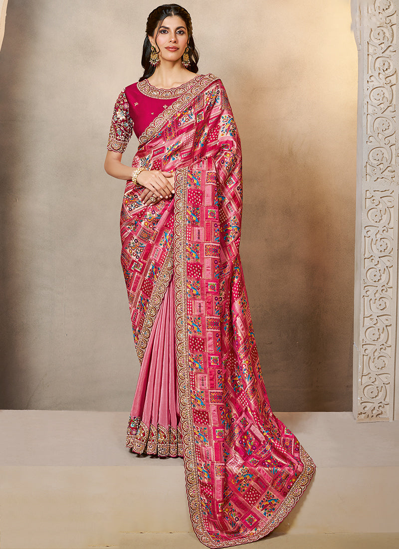 Silk Pink Wedding Wear Embroidery Work Saree 386110