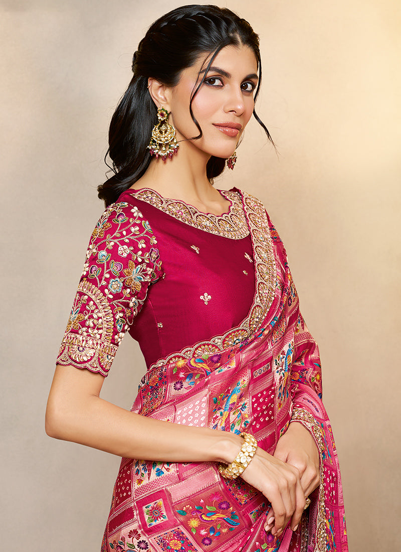 Silk Pink Wedding Wear Embroidery Work Saree 386110