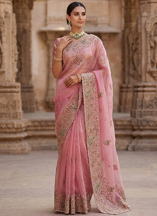 Pink Silk Embroidery Work Wedding Wear Saree SW730034