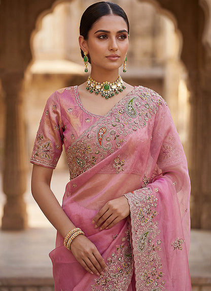Pink Silk Embroidery Work Wedding Wear Saree SW730034