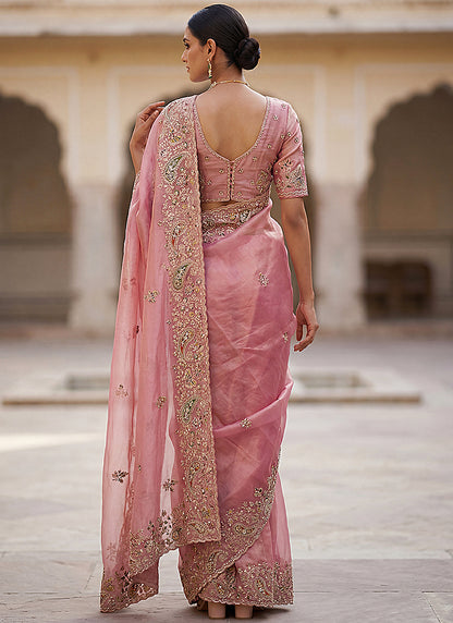 Pink Silk Embroidery Work Wedding Wear Saree SW730034