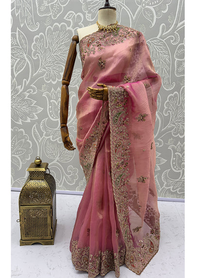 Pink Silk Embroidery Work Wedding Wear Saree SW730034
