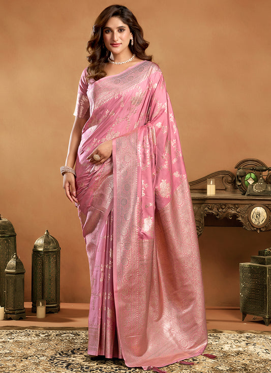 Silk Pink Saree with Weaving Work for Party Wear 380346