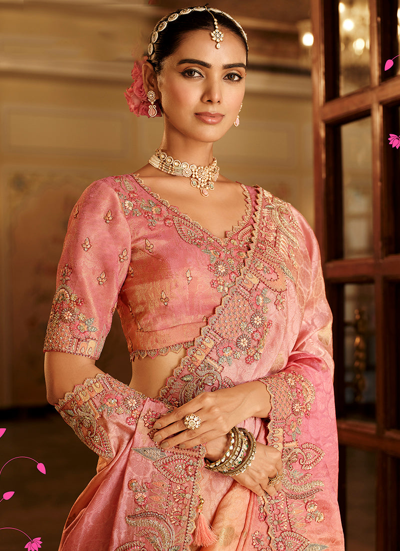 Pink Silk Zari Work Wedding Wear Saree SW383017