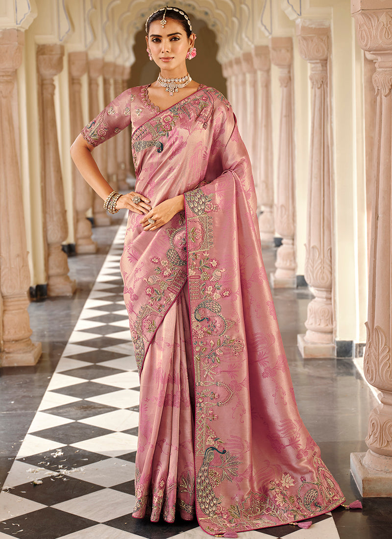 Pink Silk Zari Work Wedding Wear Saree SW356885