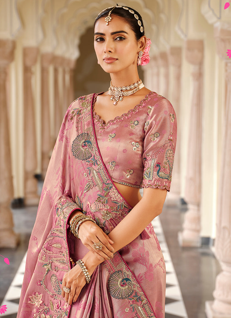 Pink Silk Zari Work Wedding Wear Saree SW356885
