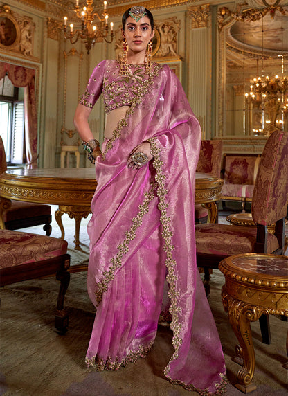 Soft Tissue Pink Festival Wear Thread Embroidery Work Designer Saree 388251