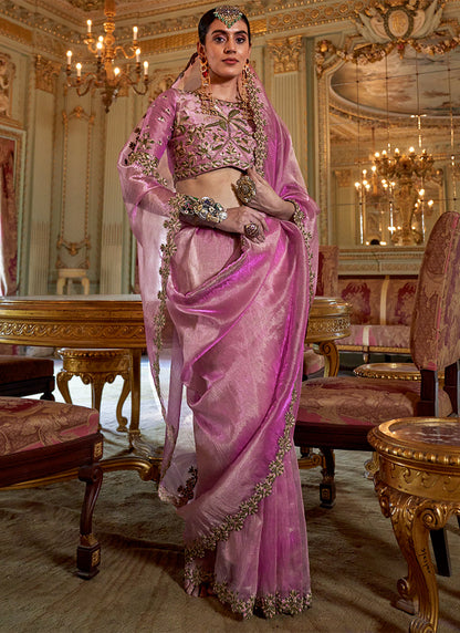 Soft Tissue Pink Festival Wear Thread Embroidery Work Designer Saree 388251