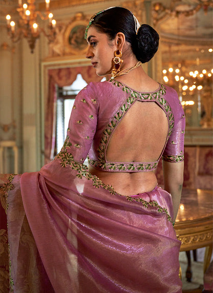 Soft Tissue Pink Festival Wear Thread Embroidery Work Designer Saree 388251