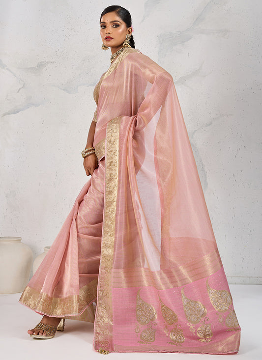 Tissue Linen Pink Saree with Zardosi Work for Bridal Wear 380350