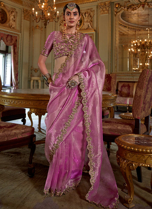 Pink Tissue Silk Thread Work Occasional Wear Saree SW604641