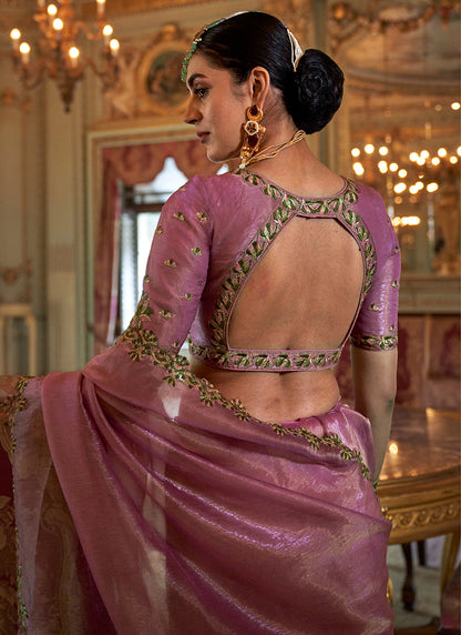 Pink Tissue Silk Thread Work Occasional Wear Saree SW604641