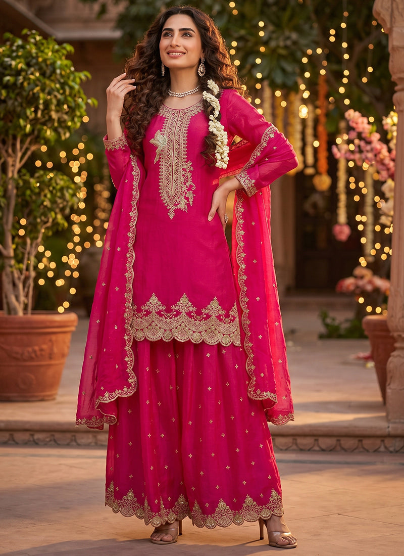 Pink Tora Silk Embroidery Work Occasional Wear Readymade Plazzo Suit SW449365