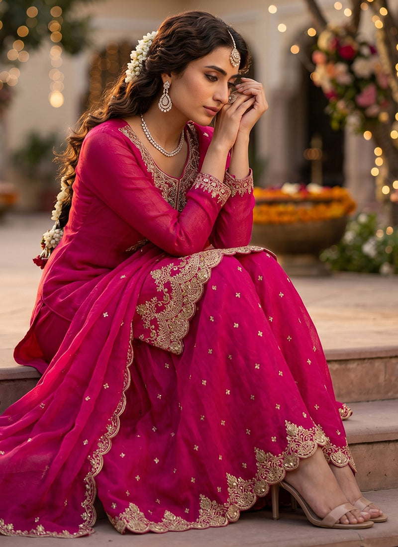 Pink Tora Silk Embroidery Work Occasional Wear Readymade Plazzo Suit SW449365