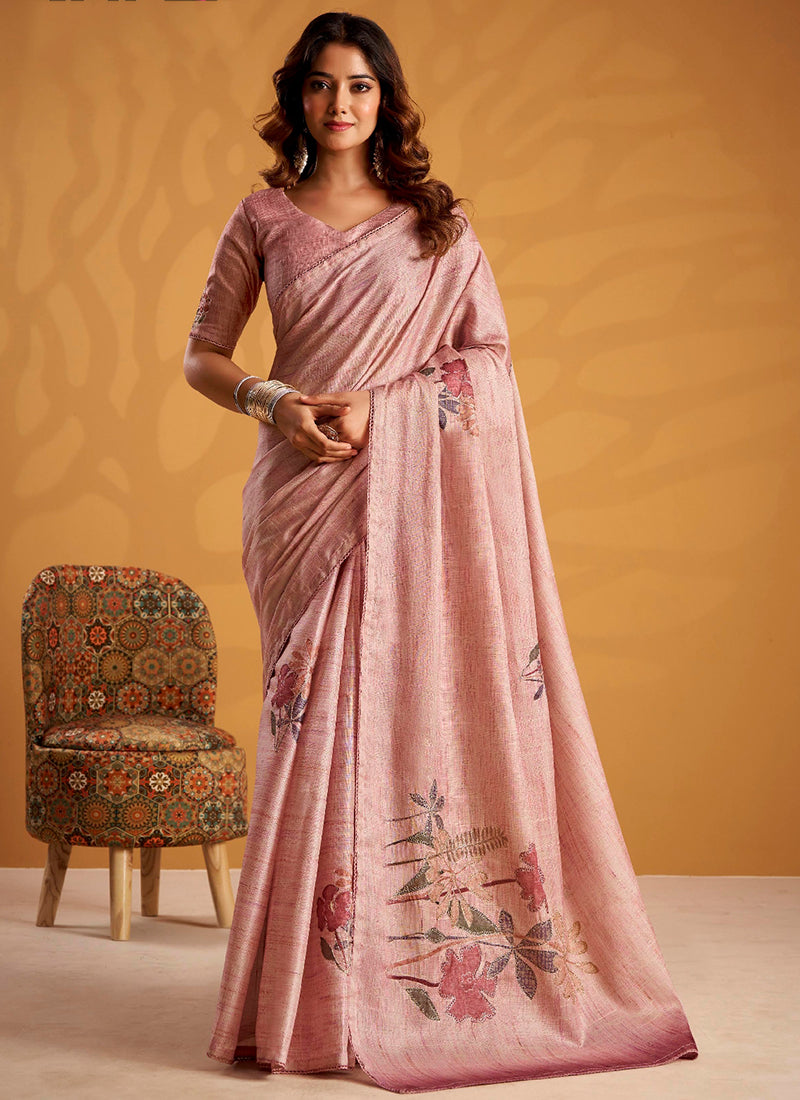 Pink Tussar Silk Printed Work Occasional Wear Saree SW169948