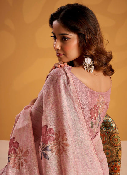 Pink Tussar Silk Printed Work Occasional Wear Saree SW169948