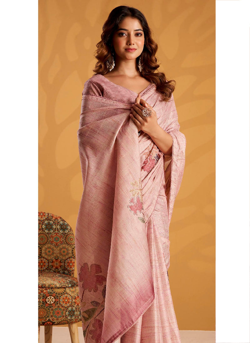 Pink Tussar Silk Printed Work Occasional Wear Saree SW169948