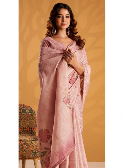 Pink Tussar Silk Printed Work Occasional Wear Saree SW169948