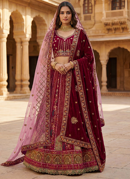 Pink Velvet Embroidery Work Bridal Wear Bridal Lehenga Choli SW401162
