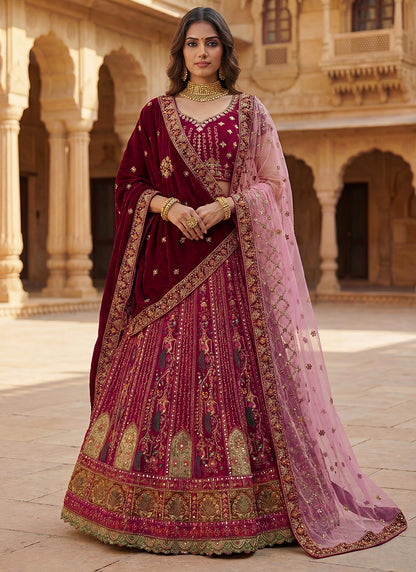 Pink Velvet Embroidery Work Bridal Wear Bridal Lehenga Choli SW401162