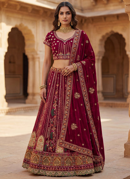 Pink Velvet Embroidery Work Bridal Wear Bridal Lehenga Choli SW401162