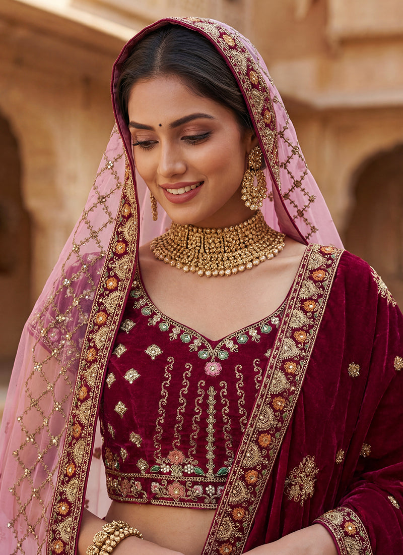 Pink Velvet Embroidery Work Bridal Wear Bridal Lehenga Choli SW401162