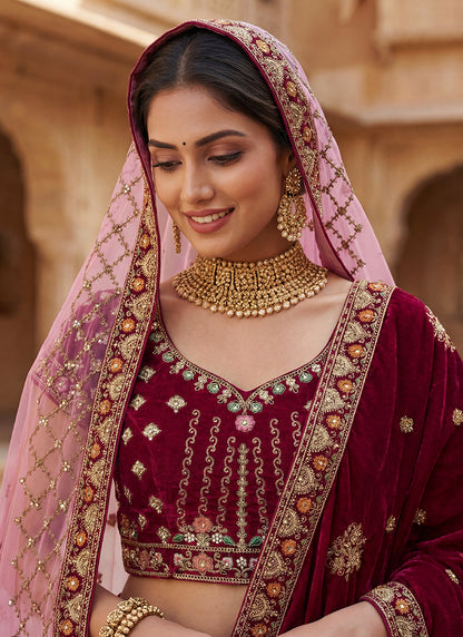 Pink Velvet Embroidery Work Bridal Wear Bridal Lehenga Choli SW401162