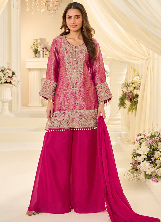 Viscose   Pink Festival Wear Jacquard Readymade Plazzo Suit 390762
