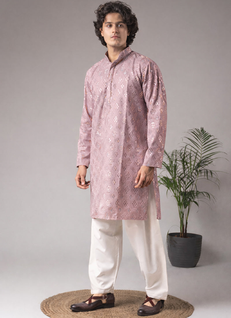 Pink Viscose Embroidery Work Festival Wear Readymade Kurta Pajama SW599883