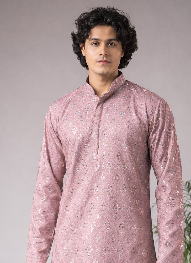 Pink Viscose Embroidery Work Festival Wear Readymade Kurta Pajama SW599883