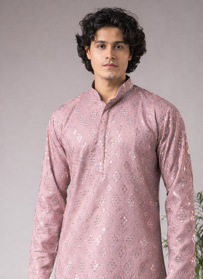 Pink Viscose Embroidery Work Festival Wear Readymade Kurta Pajama SW599883
