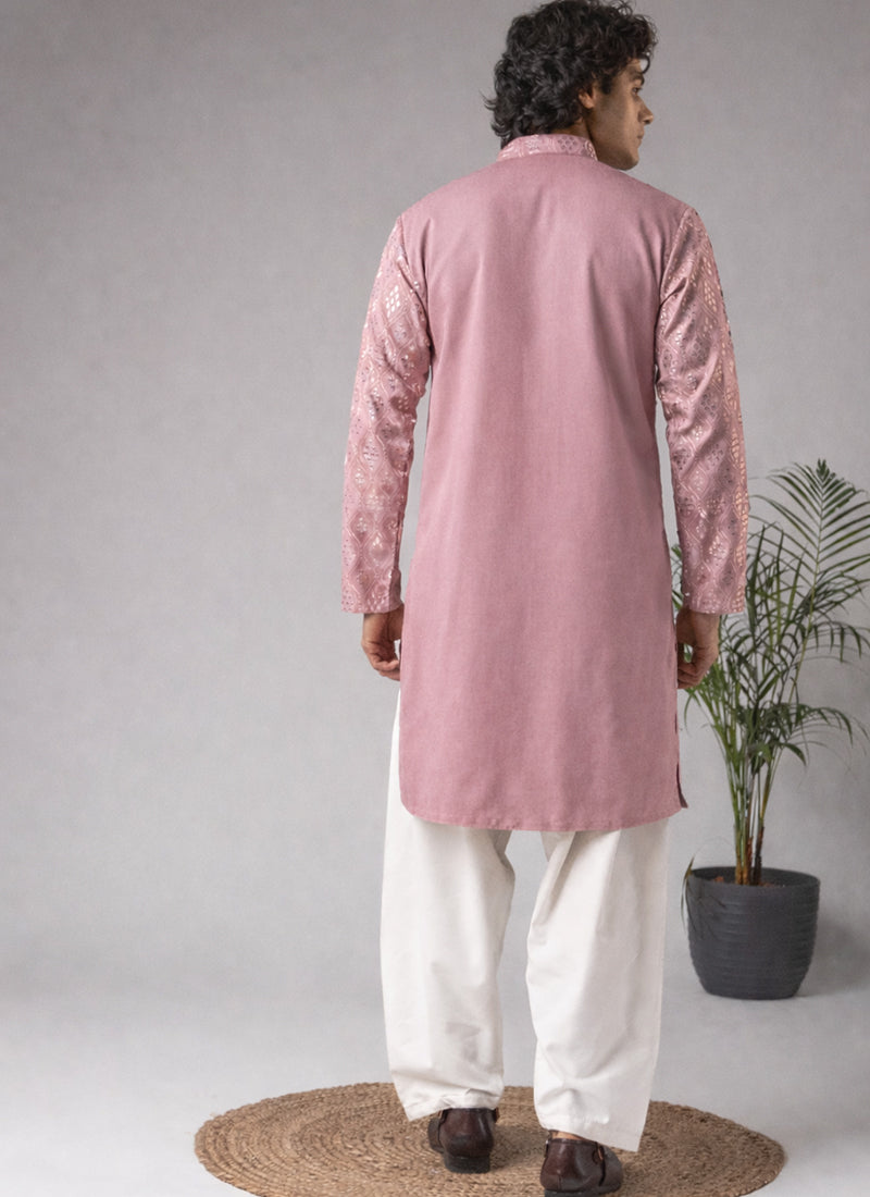 Pink Viscose Embroidery Work Festival Wear Readymade Kurta Pajama SW599883