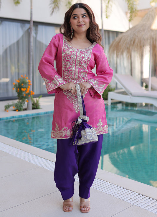 Pink Viscose Silk Embroidery Work Festival Wear Readymade Plazzo Suit SW886763