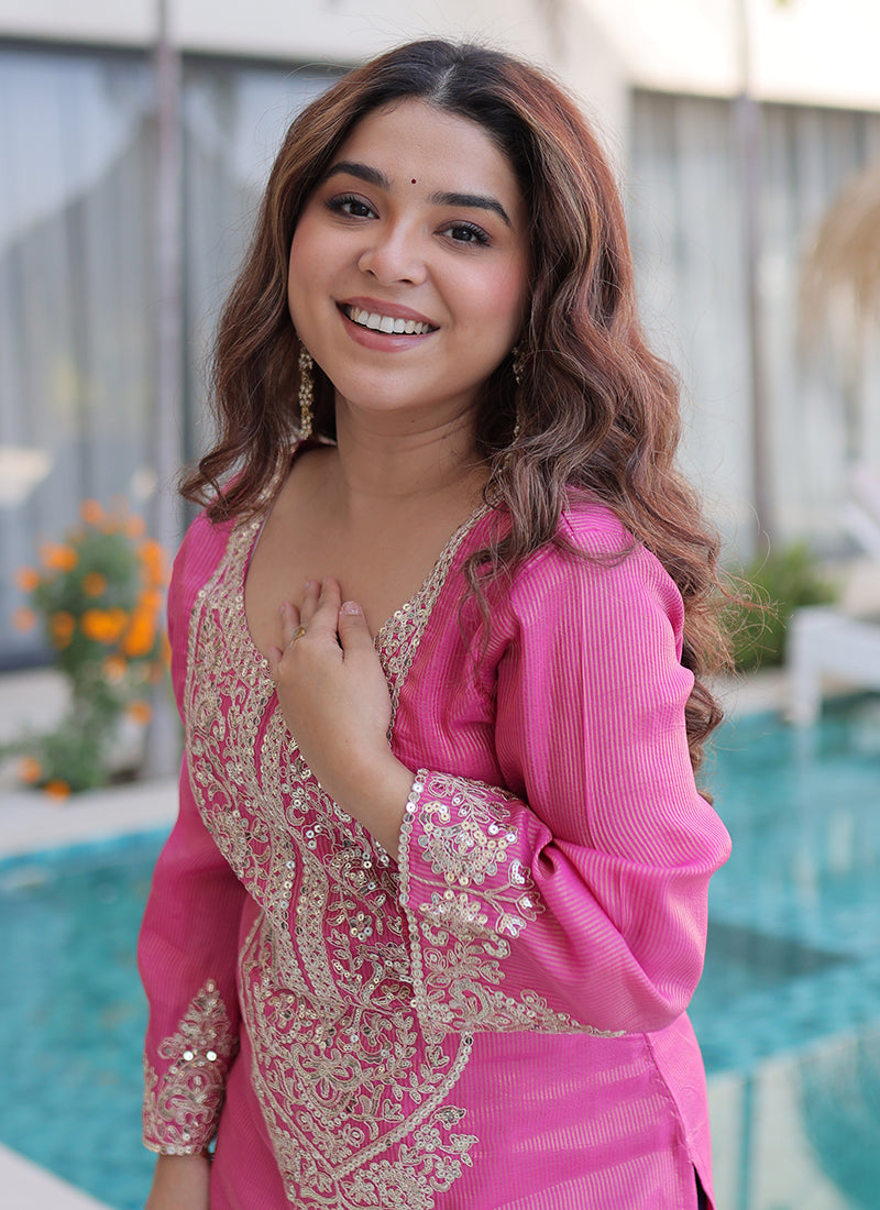 Pink Viscose Silk Embroidery Work Festival Wear Readymade Plazzo Suit SW886763