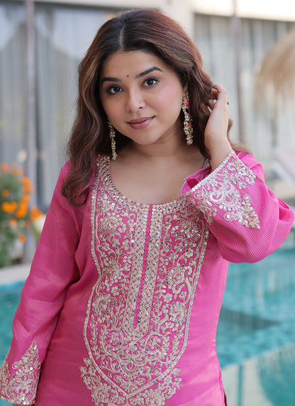 Pink Viscose Silk Embroidery Work Festival Wear Readymade Plazzo Suit SW886763