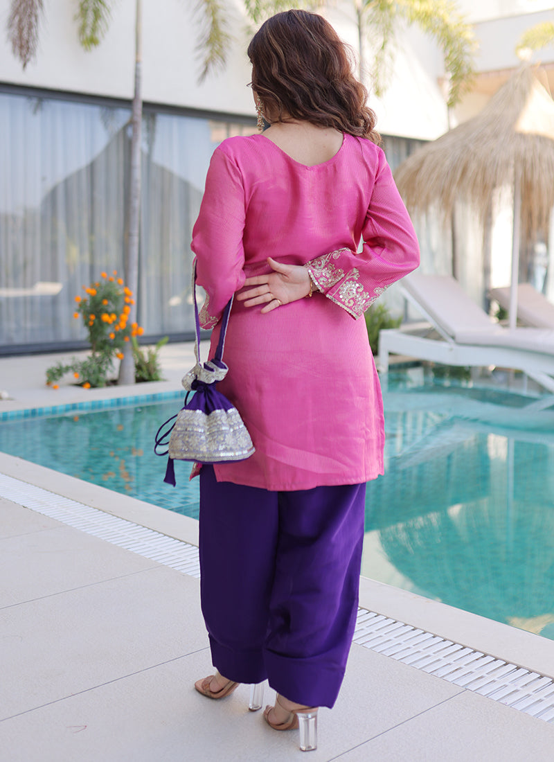 Pink Viscose Silk Embroidery Work Festival Wear Readymade Plazzo Suit SW886763