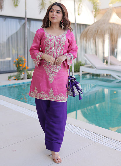 Pink Viscose Silk Embroidery Work Festival Wear Readymade Plazzo Suit SW886763