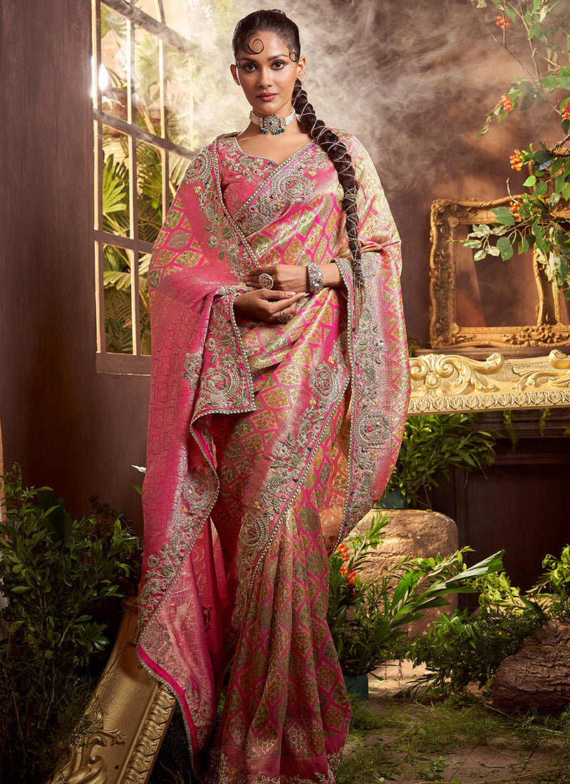 Viscose Silk Pink Wedding Wear Weaving Work Wedding Saree 388733