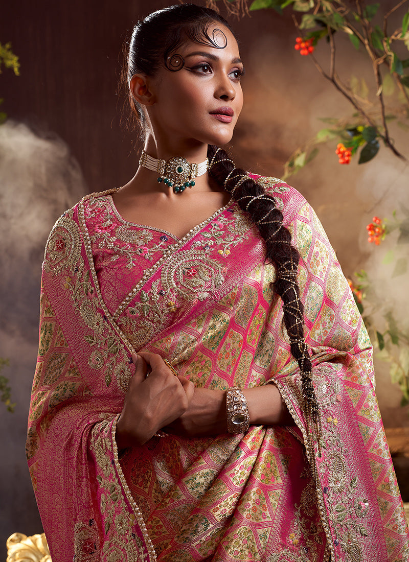 Viscose Silk Pink Wedding Wear Weaving Work Wedding Saree 388733