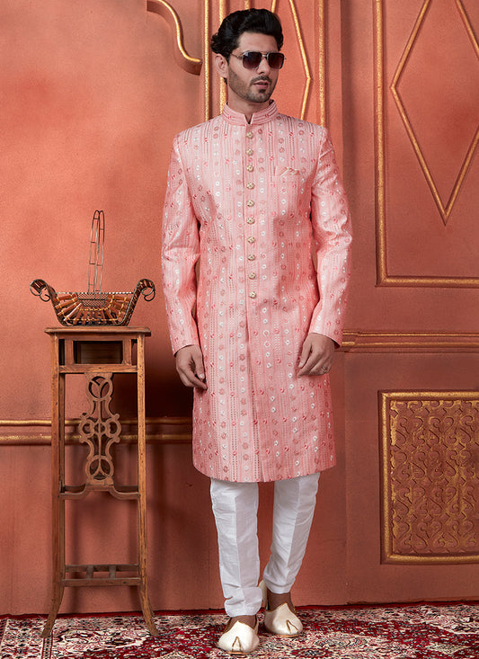 Silk Pink Wedding Wear Computer Thread Readymade Sherwani Set 348359