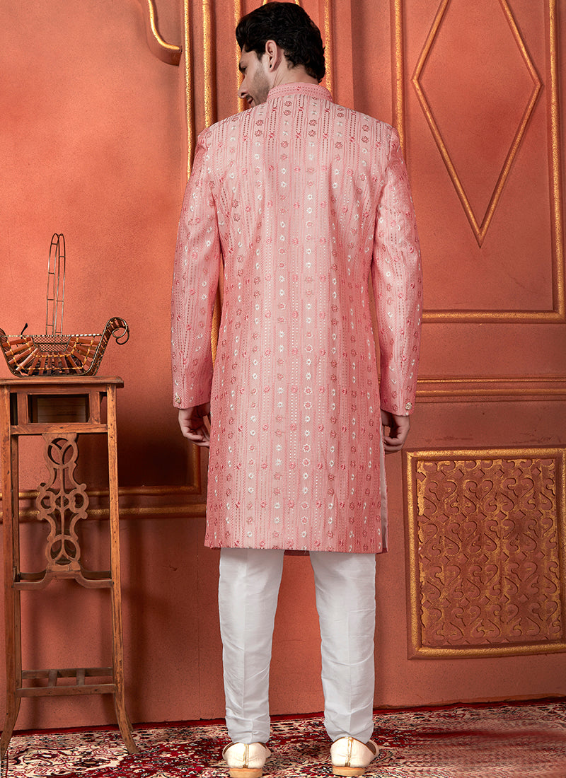 Silk Pink Wedding Wear Computer Thread Readymade Sherwani Set 348359