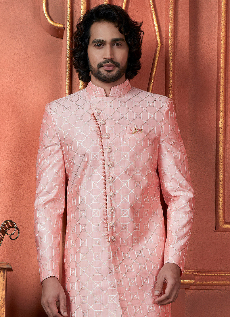 Silk Pink Wedding Wear Computer Thread Readymade Sherwani Set 348363